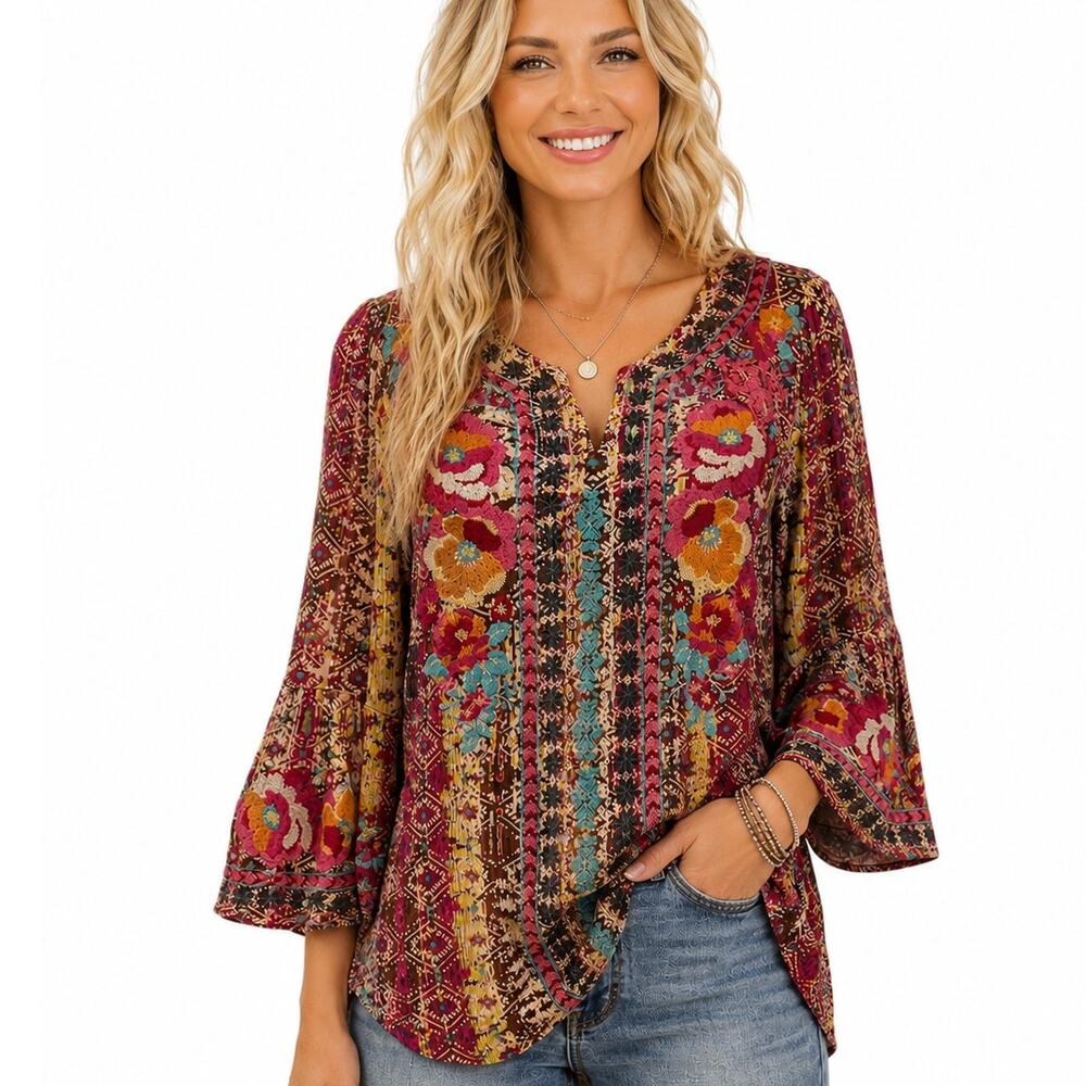 Savanna Jane Embroidered Floral Tribal Top Womens Small Bell Sleeve Peasant
